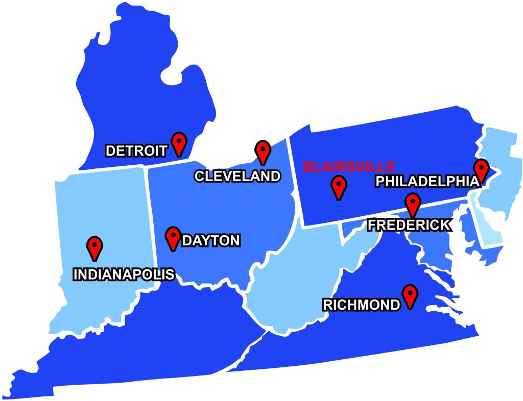 Map of the eastern United States showing the territories Measurement Instruments covers, with offices marked in Pennsylvania, Ohio, Michigan, Indiana, Virginia and Maryland.